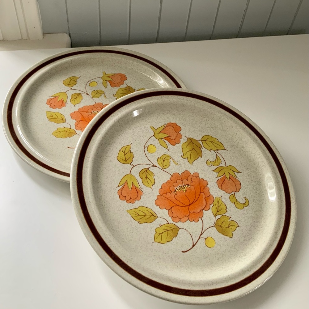 Vintage Floral Patterned Plates with Orange Design - Monterey